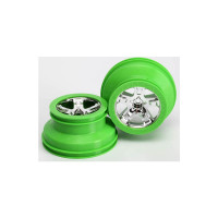 Disky kol přední SCT chromově lesklé se zeleným ráfkem. Průměr disku 56/76 mm (2.2/3.0"), šířka 41 mm. Pro auta Traxxas Slash 2WD. Šestihran 12 mm.